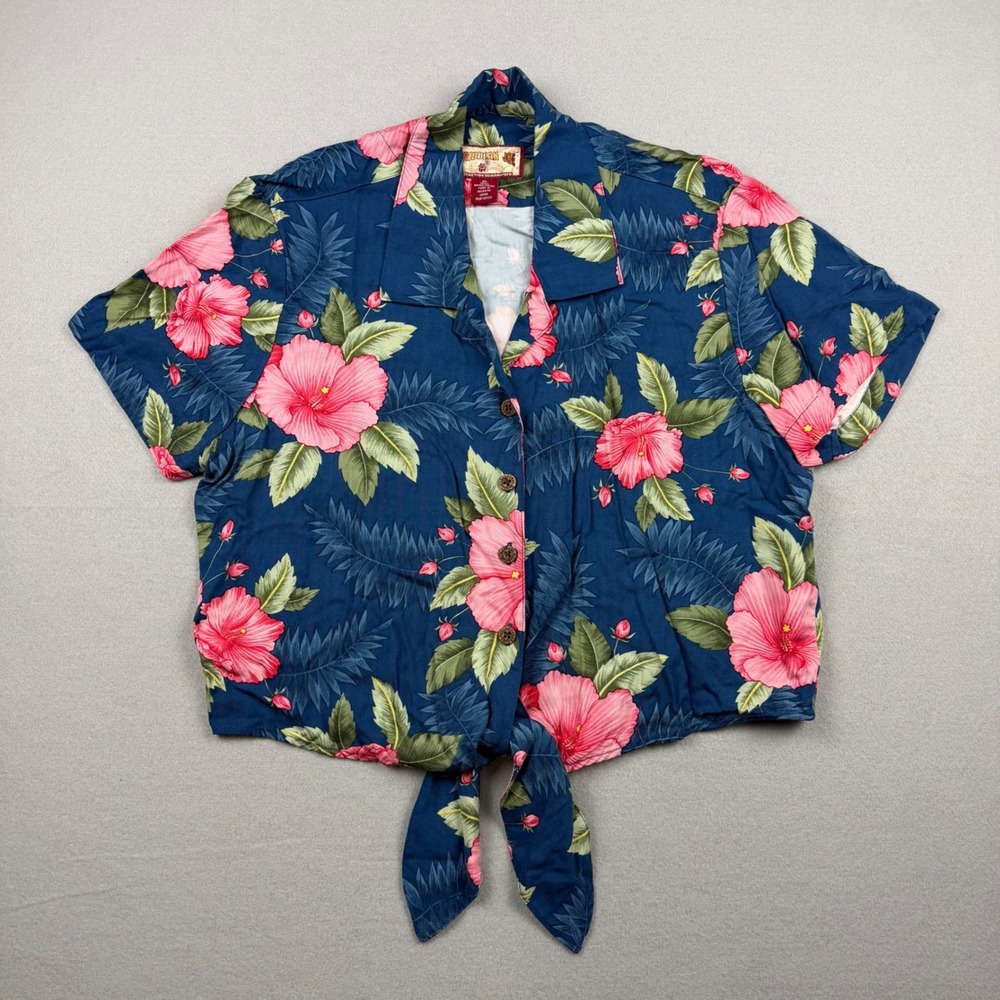 Caribbean Joe Women XL Blue Floral Hibiscus Rayon Front Tie Short Sleeve Shirt